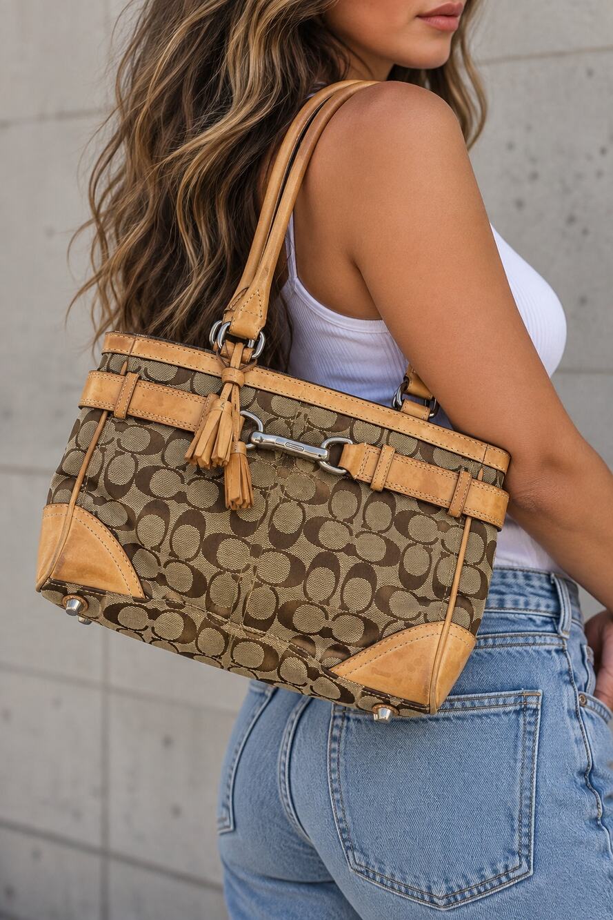 Coach F58K06 Signature Jacquard Tote Bag Khaki Leather Horsebit Tassel Y2K